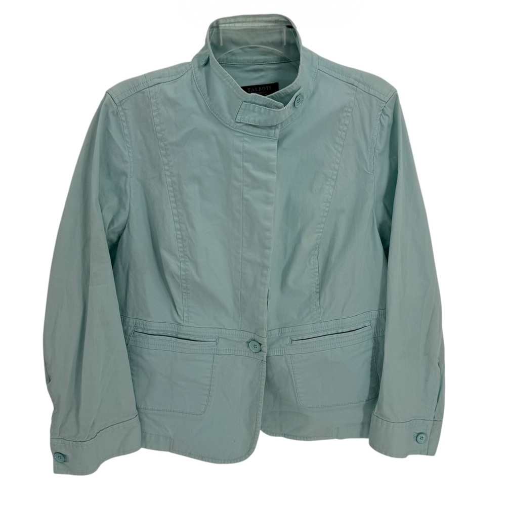 Talbots Womens Jacket Green High Collar Buttons Pockets Cotton Size 16w
